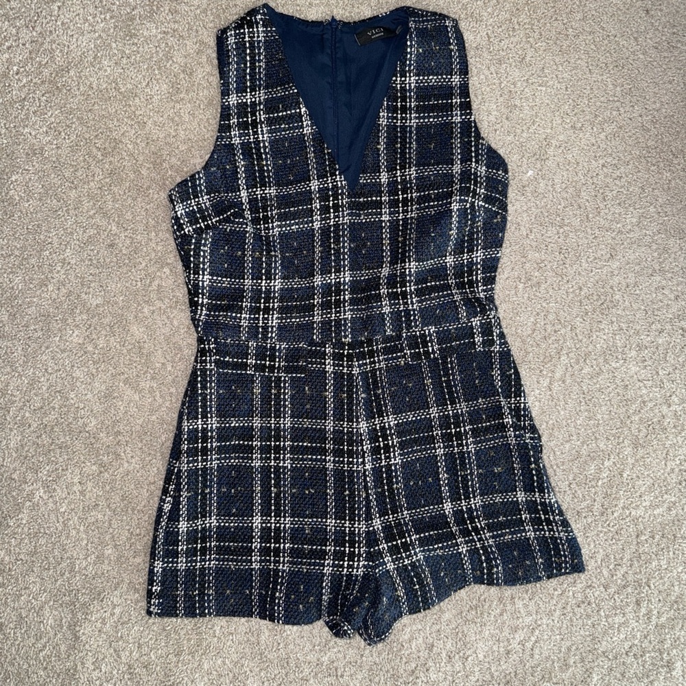 Vici Navy and White Plaid Romper
